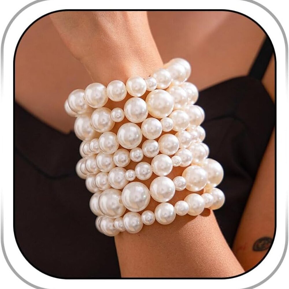 Women Pearl Bracelets Set White Stretch Bead Bangles for Wedding Casual